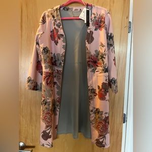 Tahari Faux Leather Pink and Gray Floral Blazer Size S.
